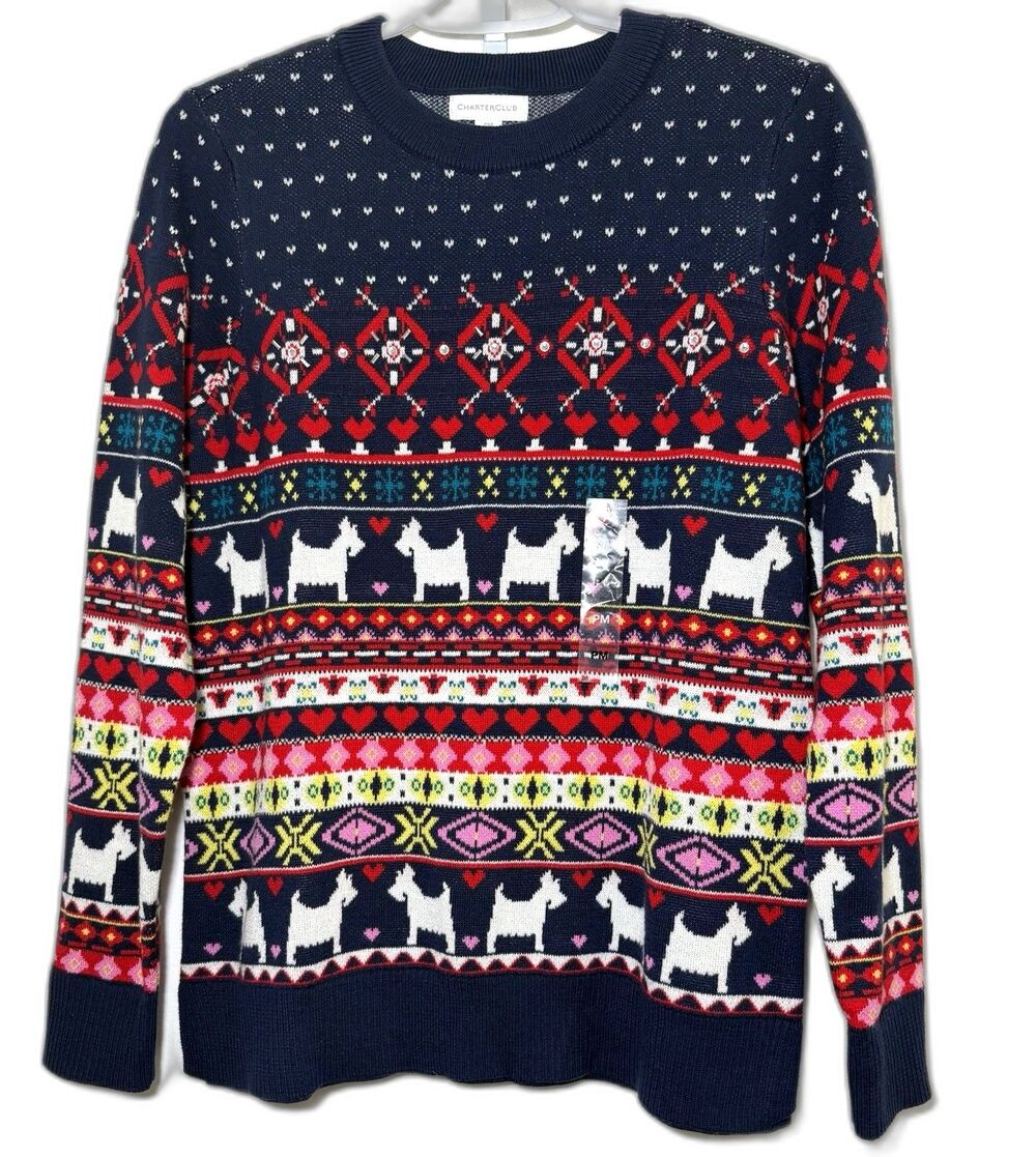 Charter Club Scottie Dog Fair Isle Christmas Sweater Petite Medium Holiday EUC